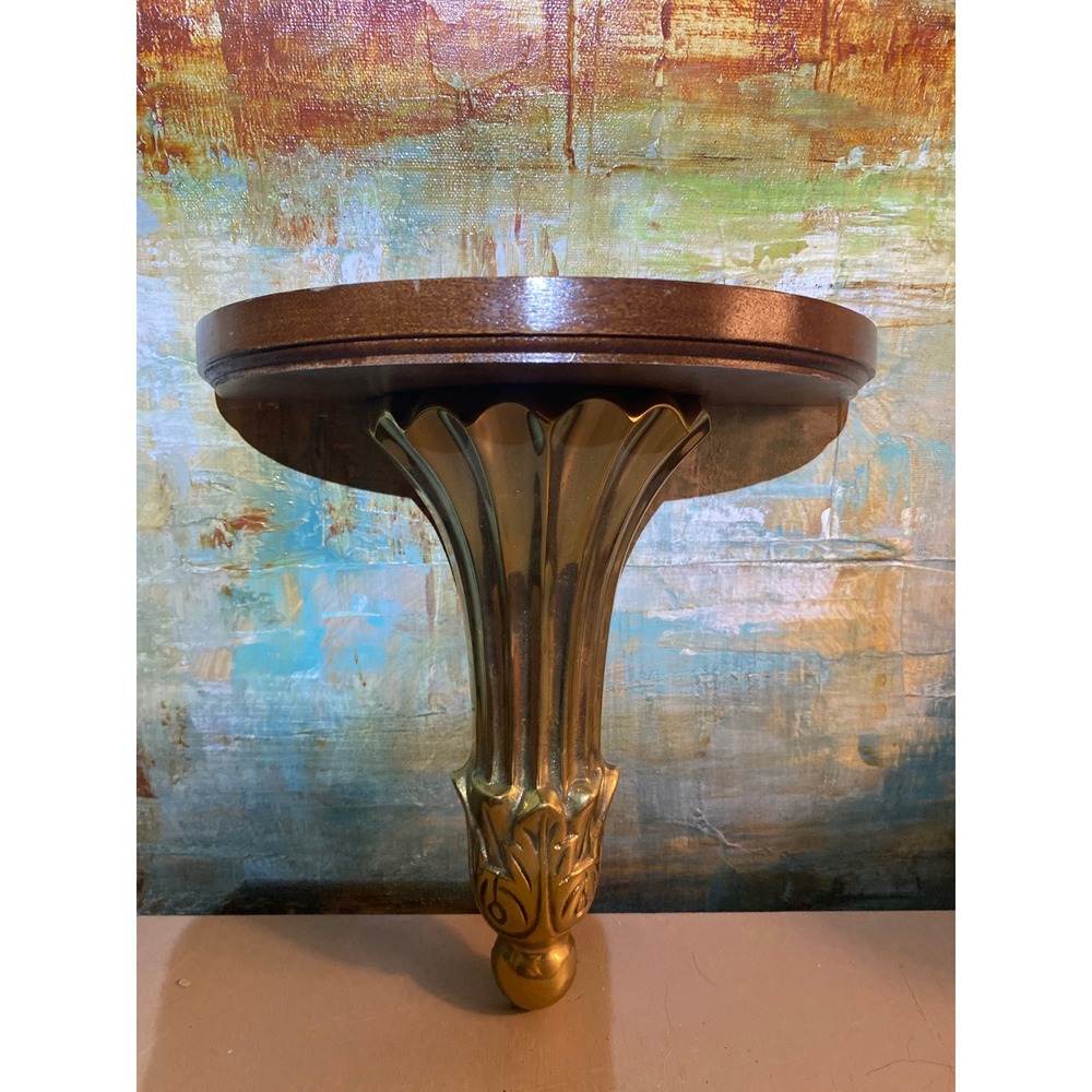 Vintage Brass‎ Ornate Pedestal Wall Sconce Shelf Wood Top Brass Acanthus